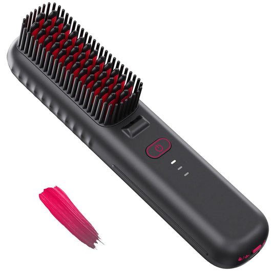 DALEEMIO Cordless Hair Straightener Brush Portable Mini Straightening Brush for Travel Negative Ion Hot Comb Hair Straightener for Women Rose Red